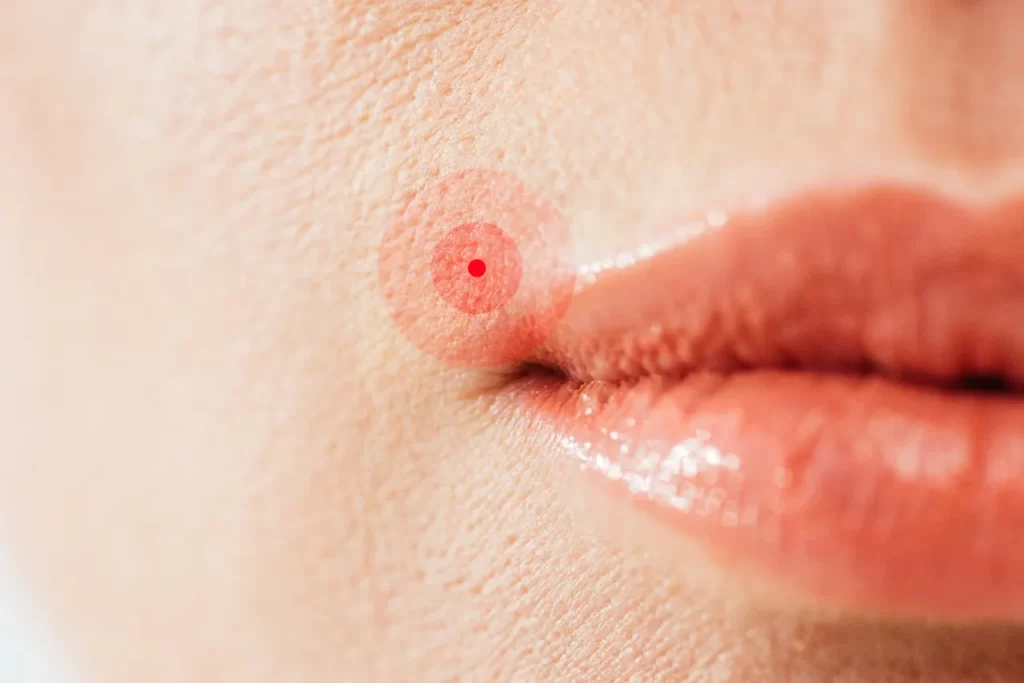 cropped view of herpes on lips of sick woman utc